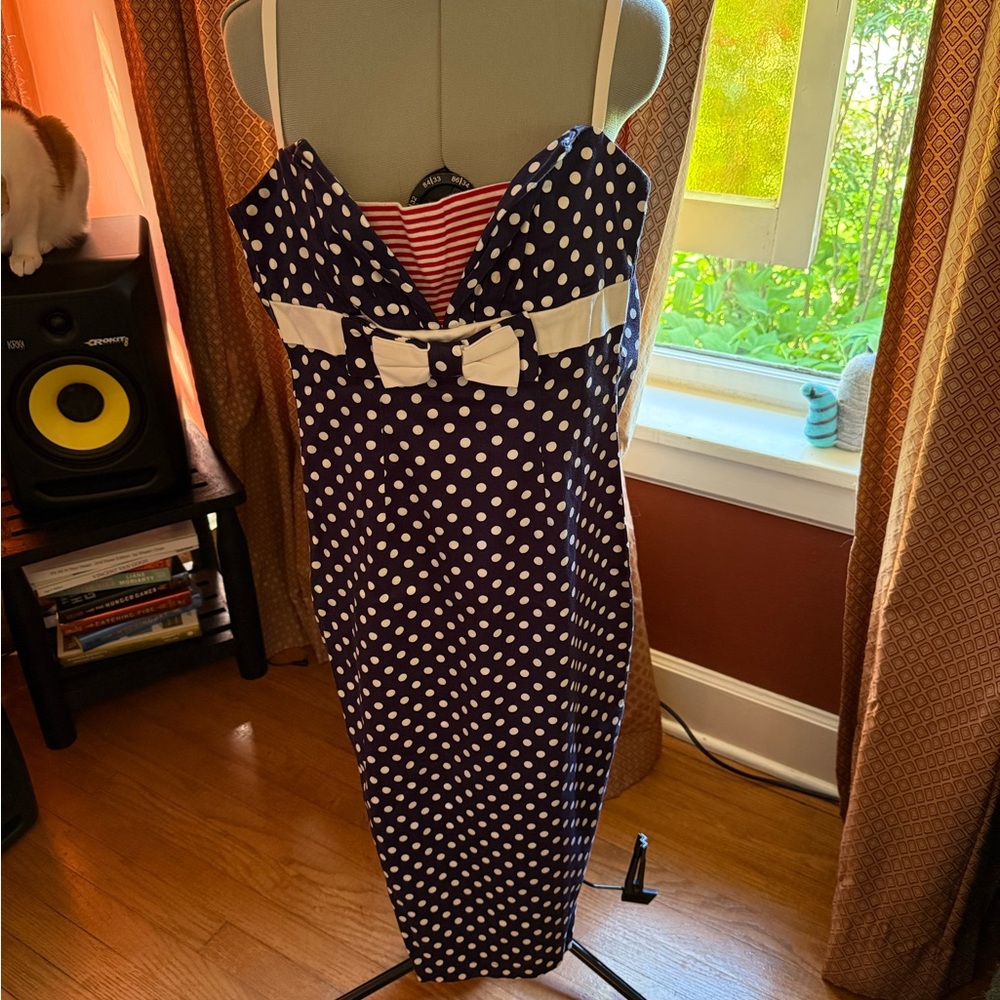 Navy Polka Dot Dress with Bow Detail